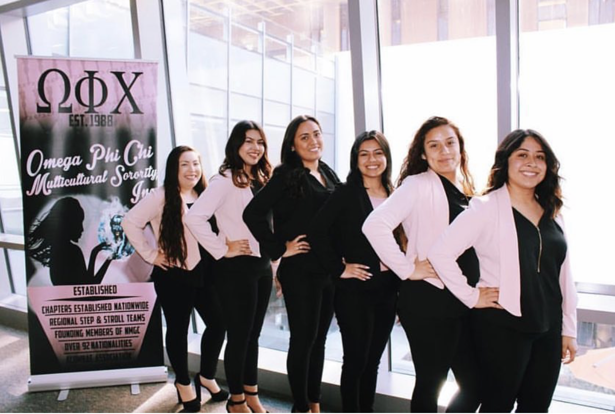 Women stand in front of an Omega Phi Chi banner in black outfits with pink cardigans on.